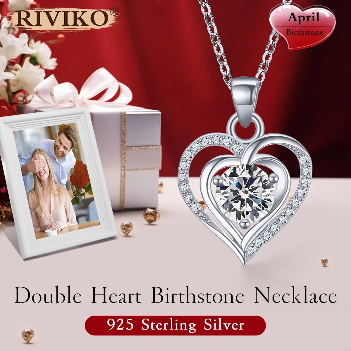 RIVIKO Heart Birthstone Pendant Necklace for Women 925 Sterling Silver Zirconia Necklaces Wedding Anniversary Birthday Mothers Day Jewelry Gifts For Her Mother Wife