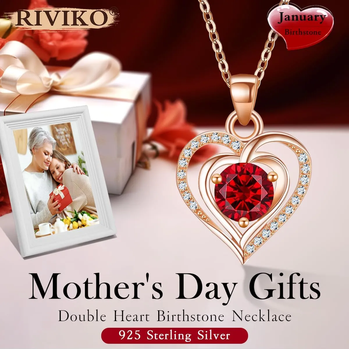 RIVIKO Heart Birthstone Pendant Necklace for Women 925 Sterling Silver Zirconia Necklaces Wedding Anniversary Birthday Mothers Day Jewelry Gifts For Her Mother Wife