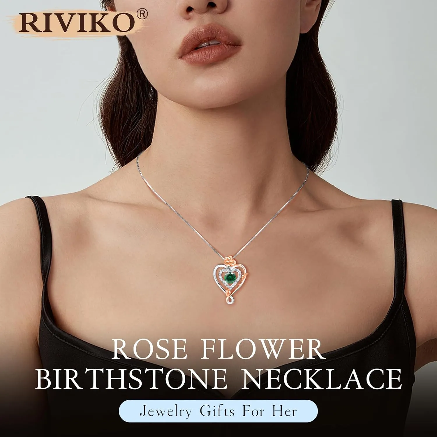 RIVIKO Infinity Heart Symbol Rose Birthstone Necklace for Women,925 Sterling Silver Heart Pendant Necklaces,Anniversary Jewelry Birthday Mothers Day Gifts for Mom Her Wife Women Girlfriend