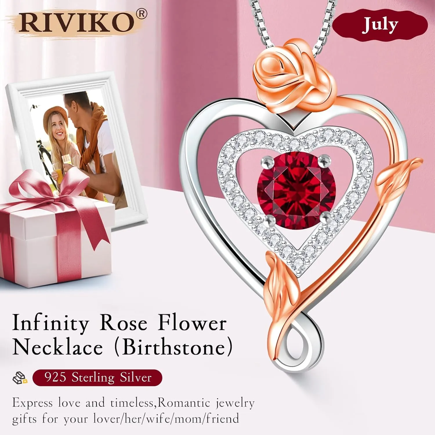 RIVIKO Infinity Heart Symbol Rose Birthstone Necklace for Women,925 Sterling Silver Heart Pendant Necklaces,Anniversary Jewelry Birthday Mothers Day Gifts for Mom Her Wife Women Girlfriend