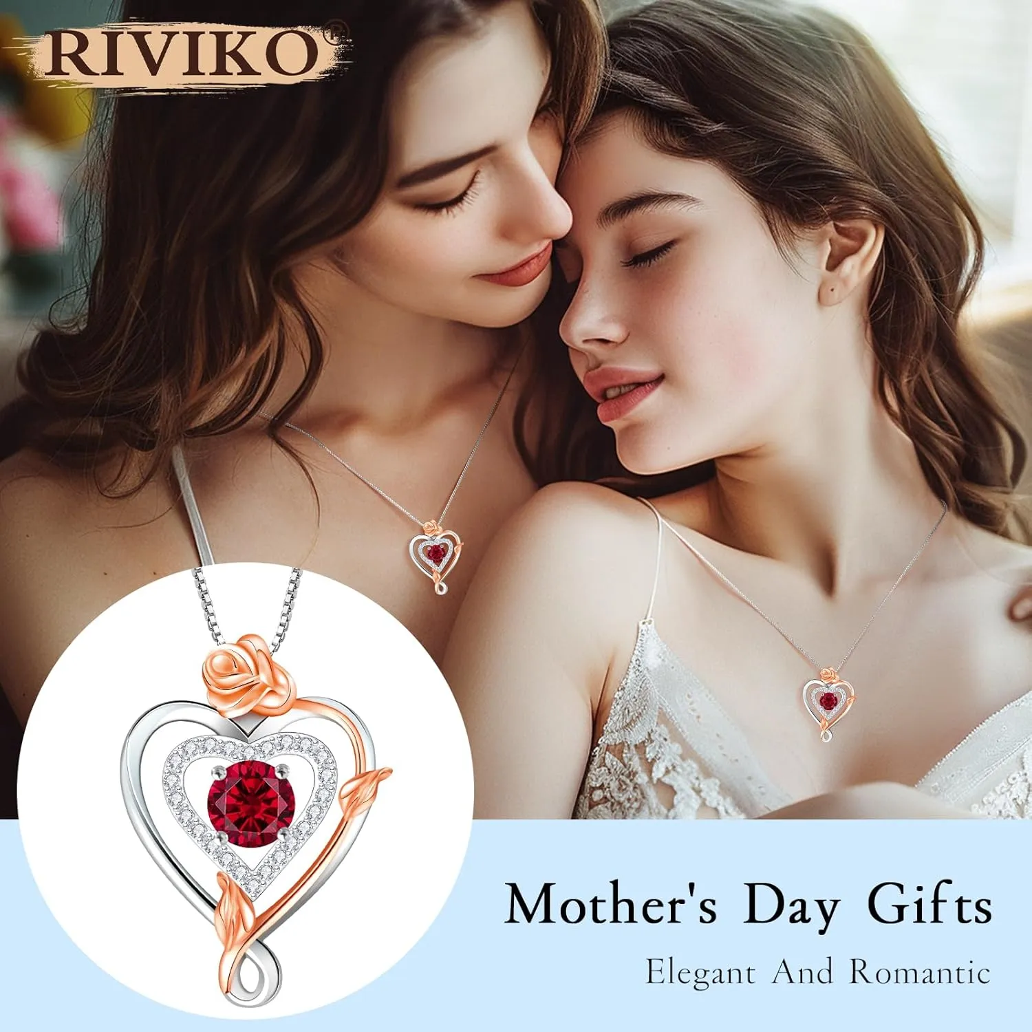 RIVIKO Infinity Heart Symbol Rose Birthstone Necklace for Women,925 Sterling Silver Heart Pendant Necklaces,Anniversary Jewelry Birthday Mothers Day Gifts for Mom Her Wife Women Girlfriend
