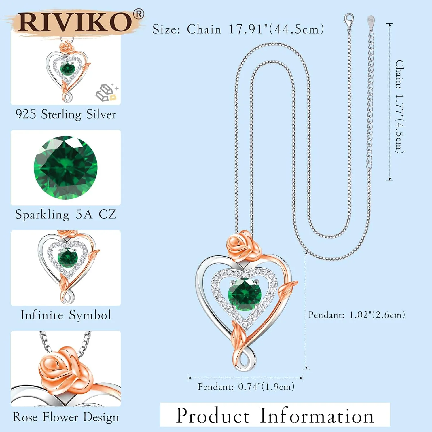 RIVIKO Infinity Heart Symbol Rose Birthstone Necklace for Women,925 Sterling Silver Heart Pendant Necklaces,Anniversary Jewelry Birthday Mothers Day Gifts for Mom Her Wife Women Girlfriend