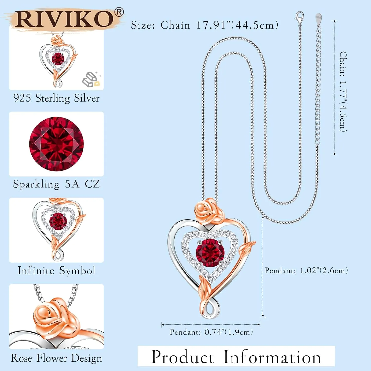RIVIKO Infinity Heart Symbol Rose Birthstone Necklace for Women,925 Sterling Silver Heart Pendant Necklaces,Anniversary Jewelry Birthday Mothers Day Gifts for Mom Her Wife Women Girlfriend