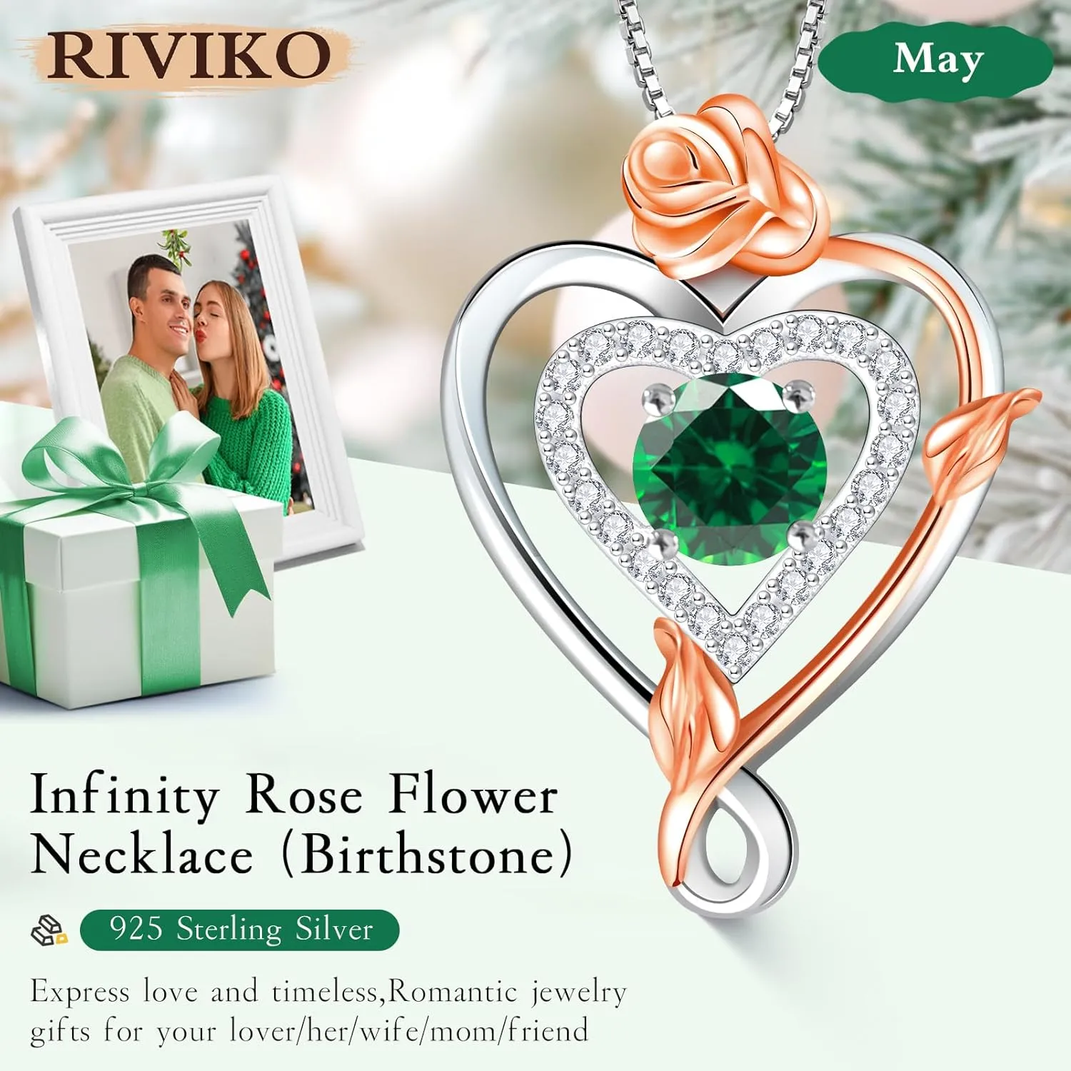 RIVIKO Infinity Heart Symbol Rose Birthstone Necklace for Women,925 Sterling Silver Heart Pendant Necklaces,Anniversary Jewelry Birthday Mothers Day Gifts for Mom Her Wife Women Girlfriend