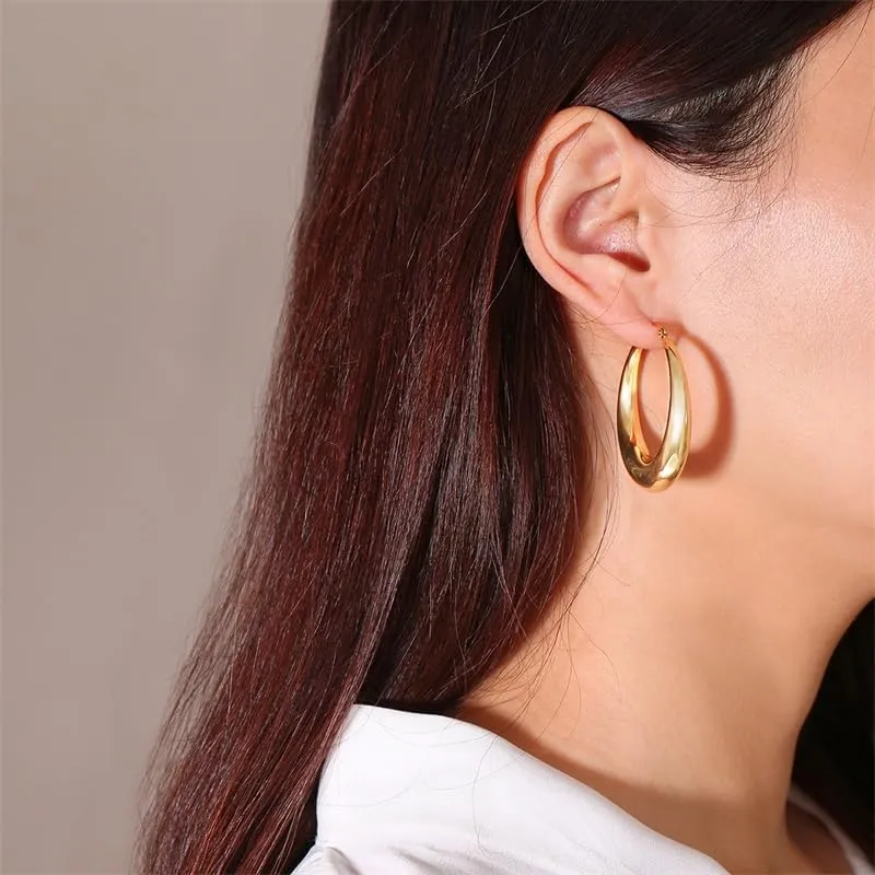 Rockyu Women's Earrings, Hypoallergenic, Hoop Ring, Thick, Simple, Large, 1.7 inches (42 mm), Gold Earrings, 18K Gold Plated, Stainless Steel, Stylish, Western Style