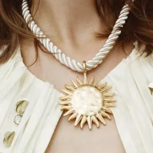 Rope Necklace with Sun Pendant Beige and Golden Necklace