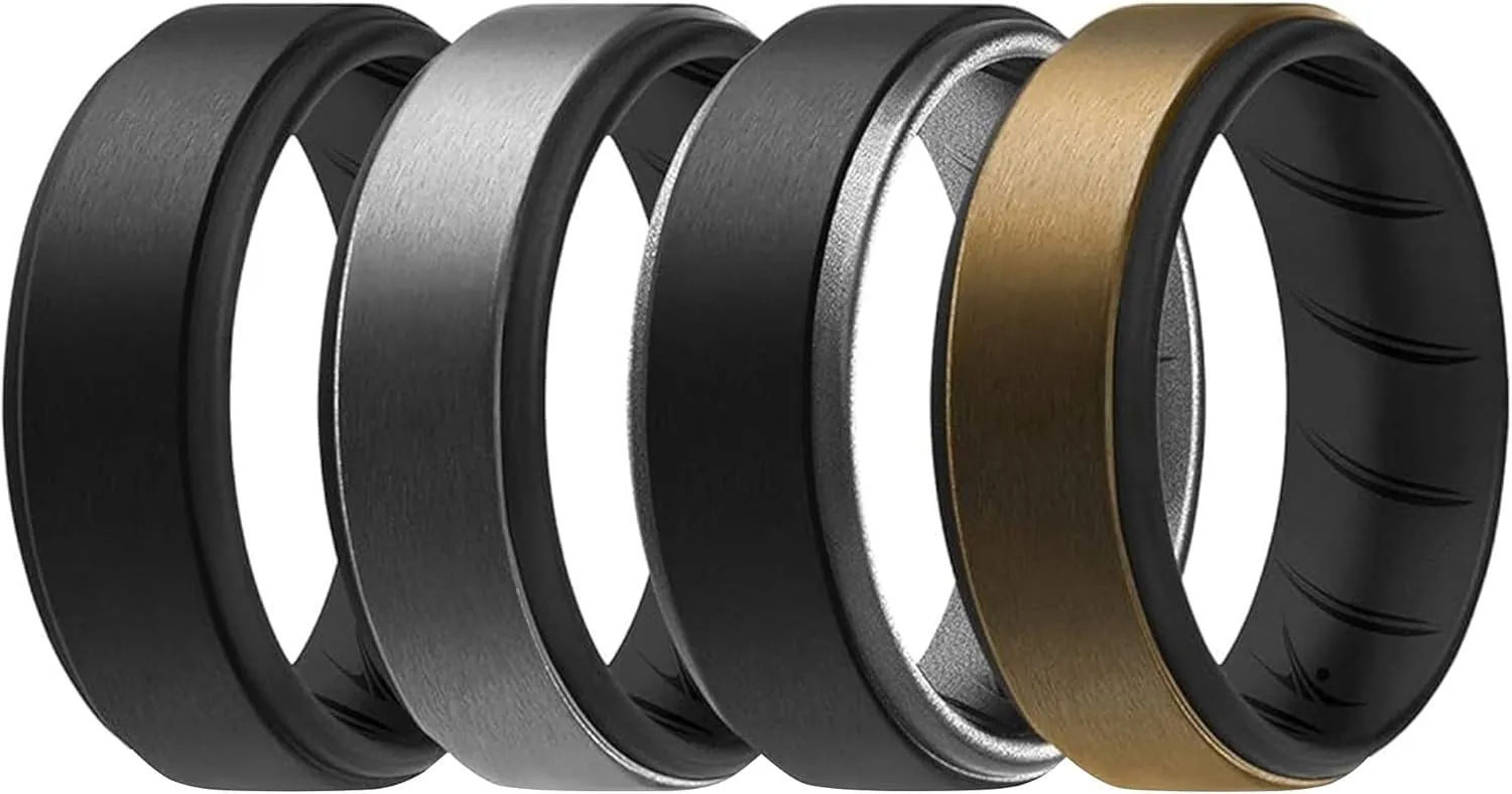 ROQ Silicone Rubber Wedding Ring for Men, Comfort Fit, Men's Wedding Band, Durable, Breathable Rubber Engagement Ring/Band, Step Edge, Multi Packs, Multi Colors