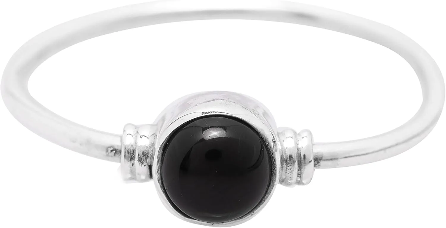 Round Black onyx 925 Sterling Silver Ring - Delicate BOHO Chic Jewelry - Fashionable and Stylish for Women with Velvet Gift Bag/Box - Made by Indian Artisans - Size 5-10