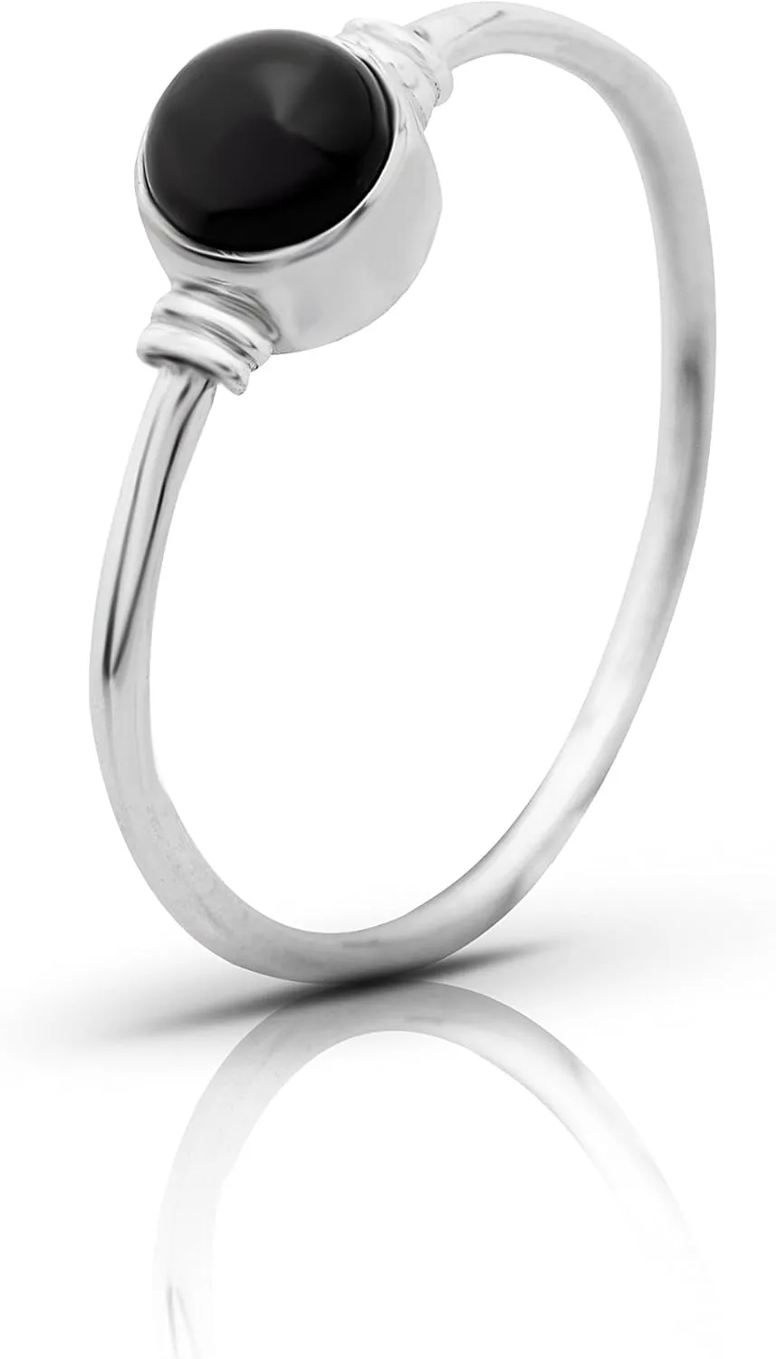 Round Black onyx 925 Sterling Silver Ring - Delicate BOHO Chic Jewelry - Fashionable and Stylish for Women with Velvet Gift Bag/Box - Made by Indian Artisans - Size 5-10