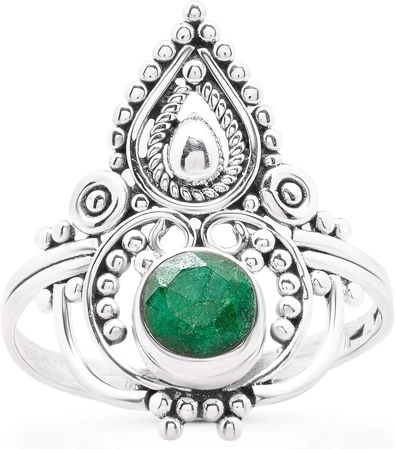 Round Created Emerald 925 Sterling Silver Ring - Delicate BOHO Chic Jewelry - Fashionable and Stylish for Women with Velvet Gift Bag - Made by Indian Artisans - Size 6-9