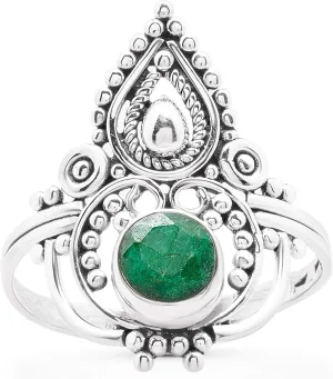 Round Created Emerald 925 Sterling Silver Ring - Delicate BOHO Chic Jewelry - Fashionable and Stylish for Women with Velvet Gift Bag - Made by Indian Artisans - Size 6-9
