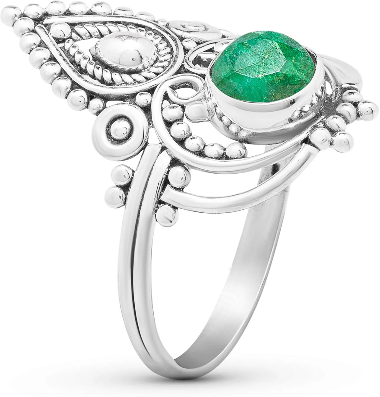 Round Created Emerald 925 Sterling Silver Ring - Delicate BOHO Chic Jewelry - Fashionable and Stylish for Women with Velvet Gift Bag - Made by Indian Artisans - Size 6-9