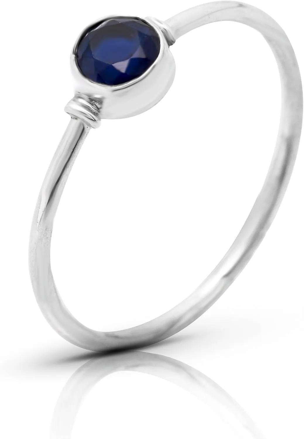 Round Created Sapphire - 925 Sterling Silver Ring - Delicate BOHO Chic Jewelry - Fashionable and Stylish for Women with Velvet Gift Bag/Box - Made by Indian Artisans - Size 5-10