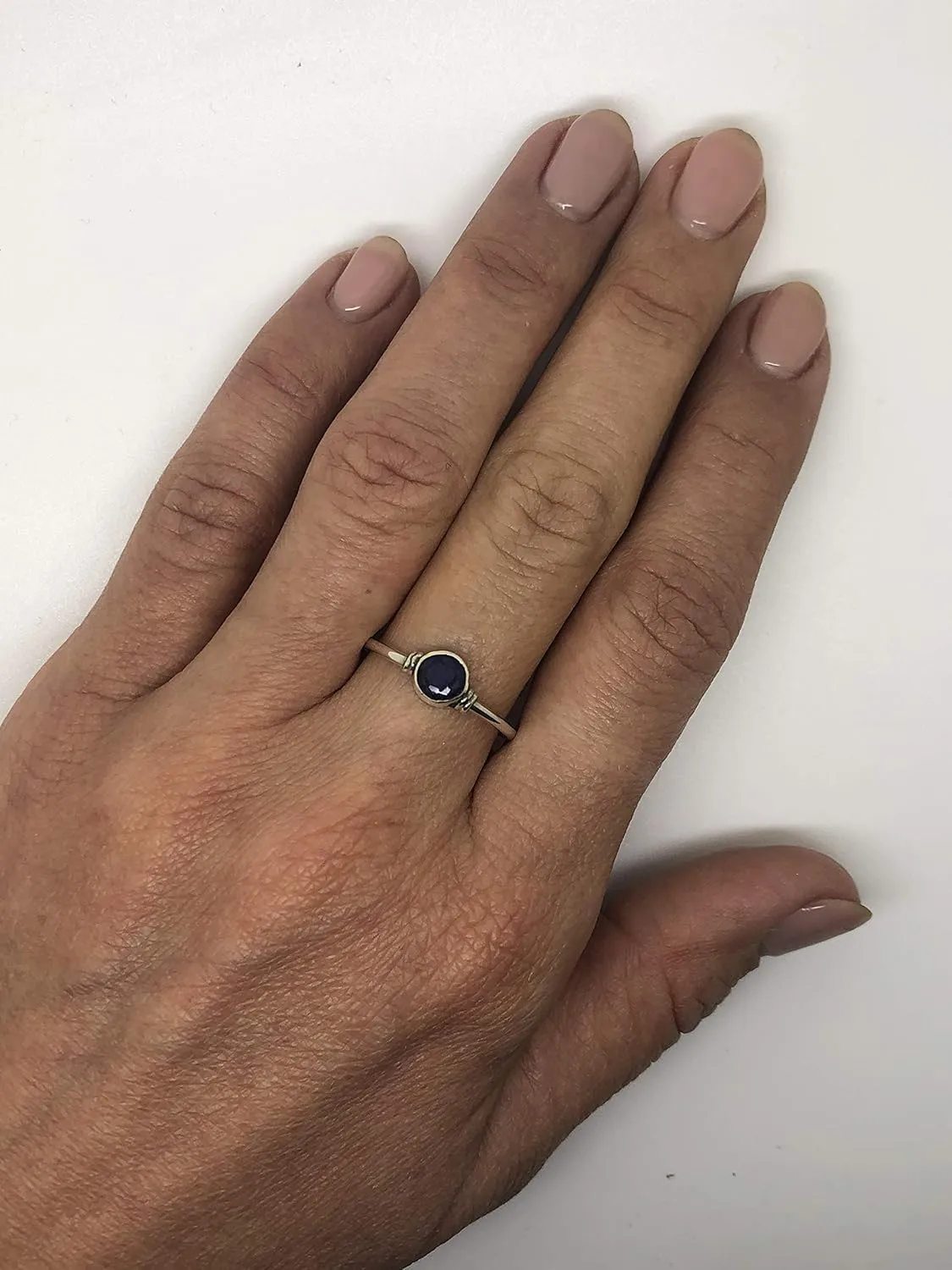 Round Created Sapphire - 925 Sterling Silver Ring - Delicate BOHO Chic Jewelry - Fashionable and Stylish for Women with Velvet Gift Bag/Box - Made by Indian Artisans - Size 5-10