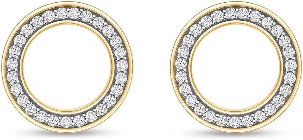 Round Cut White Cubic Zirconia & 0.17 Cttw Lab Created Moissanit Geometric Open Circle Stud Earrings with Push Back Jewelry for Women in 14K Gold Plated Sterling Silver