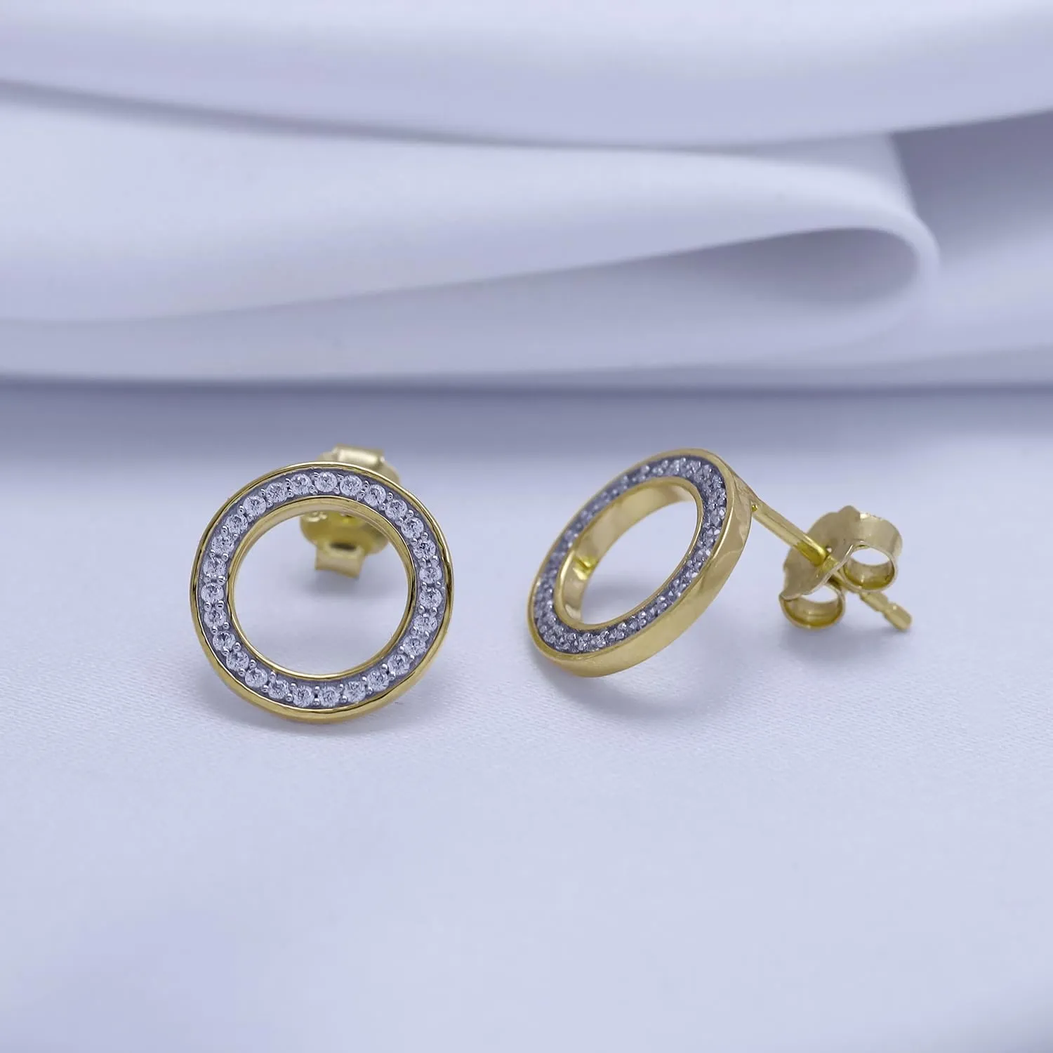 Round Cut White Cubic Zirconia & 0.17 Cttw Lab Created Moissanit Geometric Open Circle Stud Earrings with Push Back Jewelry for Women in 14K Gold Plated Sterling Silver
