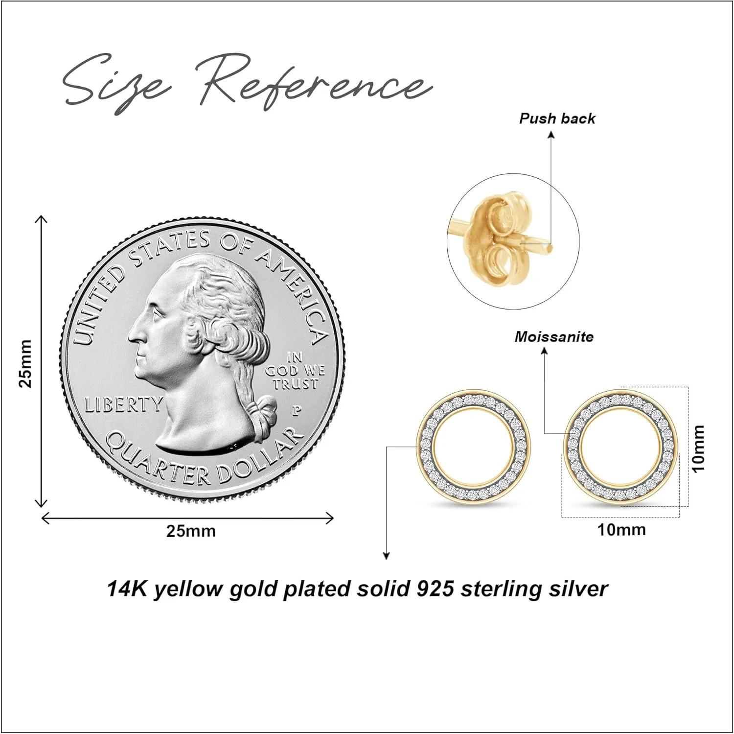 Round Cut White Cubic Zirconia & 0.17 Cttw Lab Created Moissanit Geometric Open Circle Stud Earrings with Push Back Jewelry for Women in 14K Gold Plated Sterling Silver