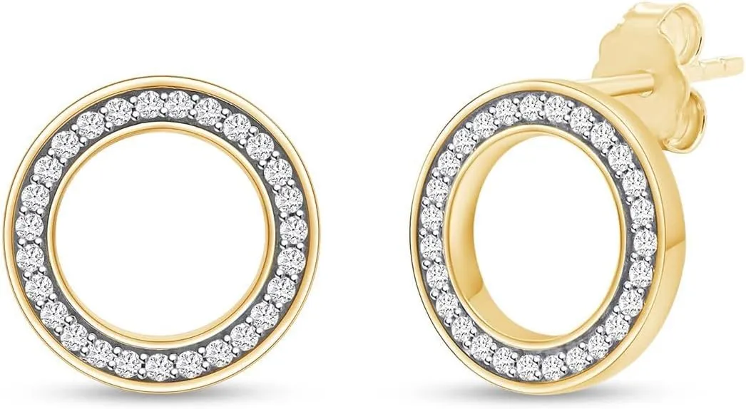 Round Cut White Cubic Zirconia & 0.17 Cttw Lab Created Moissanit Geometric Open Circle Stud Earrings with Push Back Jewelry for Women in 14K Gold Plated Sterling Silver