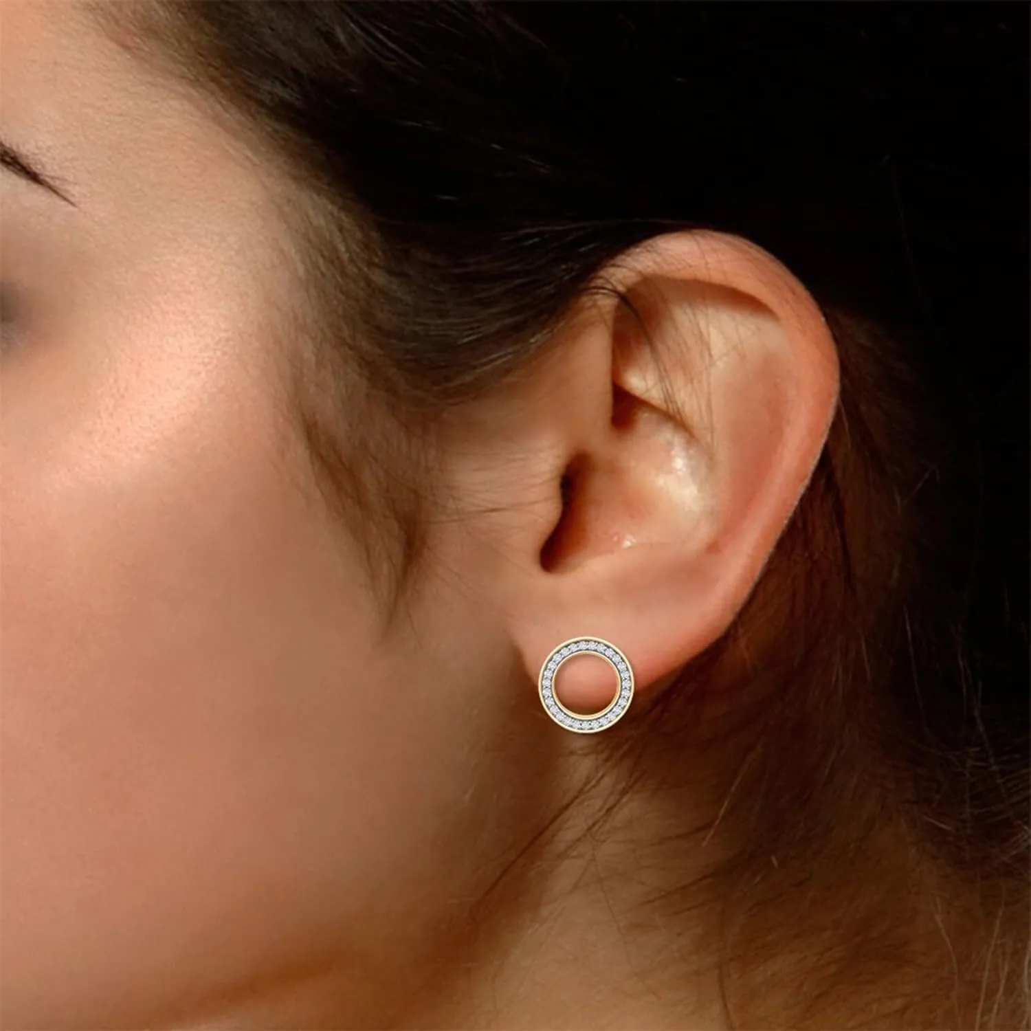 Round Cut White Cubic Zirconia & 0.17 Cttw Lab Created Moissanit Geometric Open Circle Stud Earrings with Push Back Jewelry for Women in 14K Gold Plated Sterling Silver