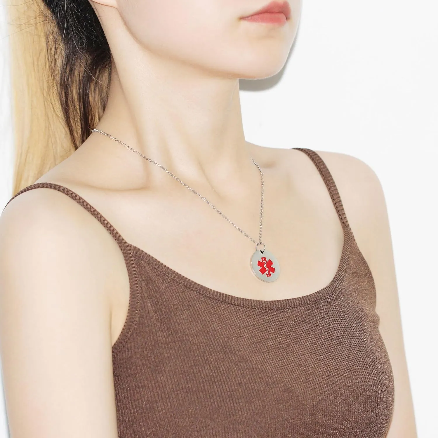 Round Disc Pendant Red Medical Symbol Necklaces - Stainless Steel Adjustable Medical Rescue ID Necklace for Women Men YA4678
