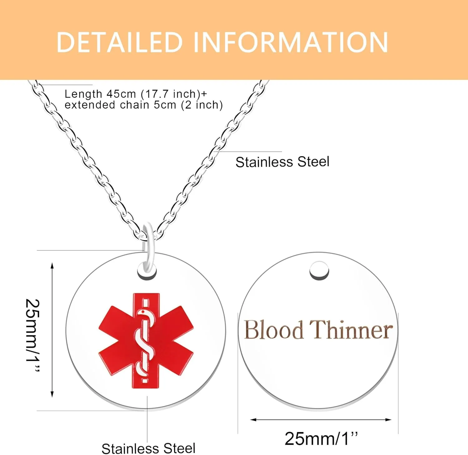 Round Disc Pendant Red Medical Symbol Necklaces - Stainless Steel Adjustable Medical Rescue ID Necklace for Women Men YA4678