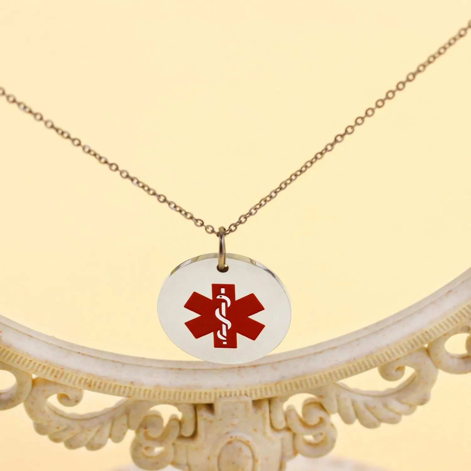 Round Disc Pendant Red Medical Symbol Necklaces - Stainless Steel Adjustable Medical Rescue ID Necklace for Women Men YA4678