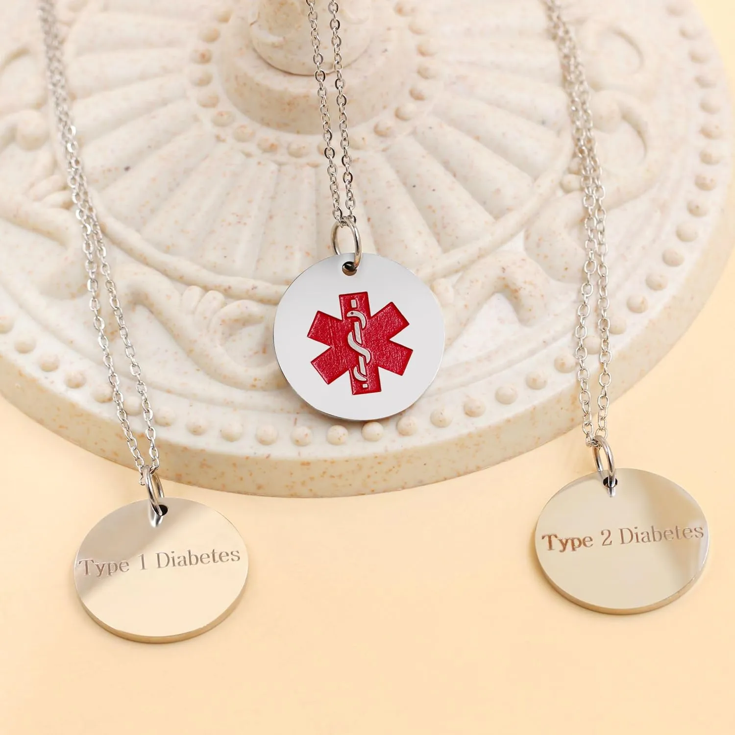 Round Disc Pendant Red Medical Symbol Necklaces - Stainless Steel Adjustable Medical Rescue ID Necklace for Women Men YA4678
