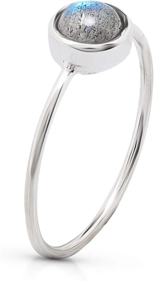 Round Labradorite 925 Sterling Silver Ring - Delicate BOHO Chic Jewelry - Fashionable and Stylish for Women with Velvet Gift Bag/Box - Made by Indian Artisans - Size 5-9