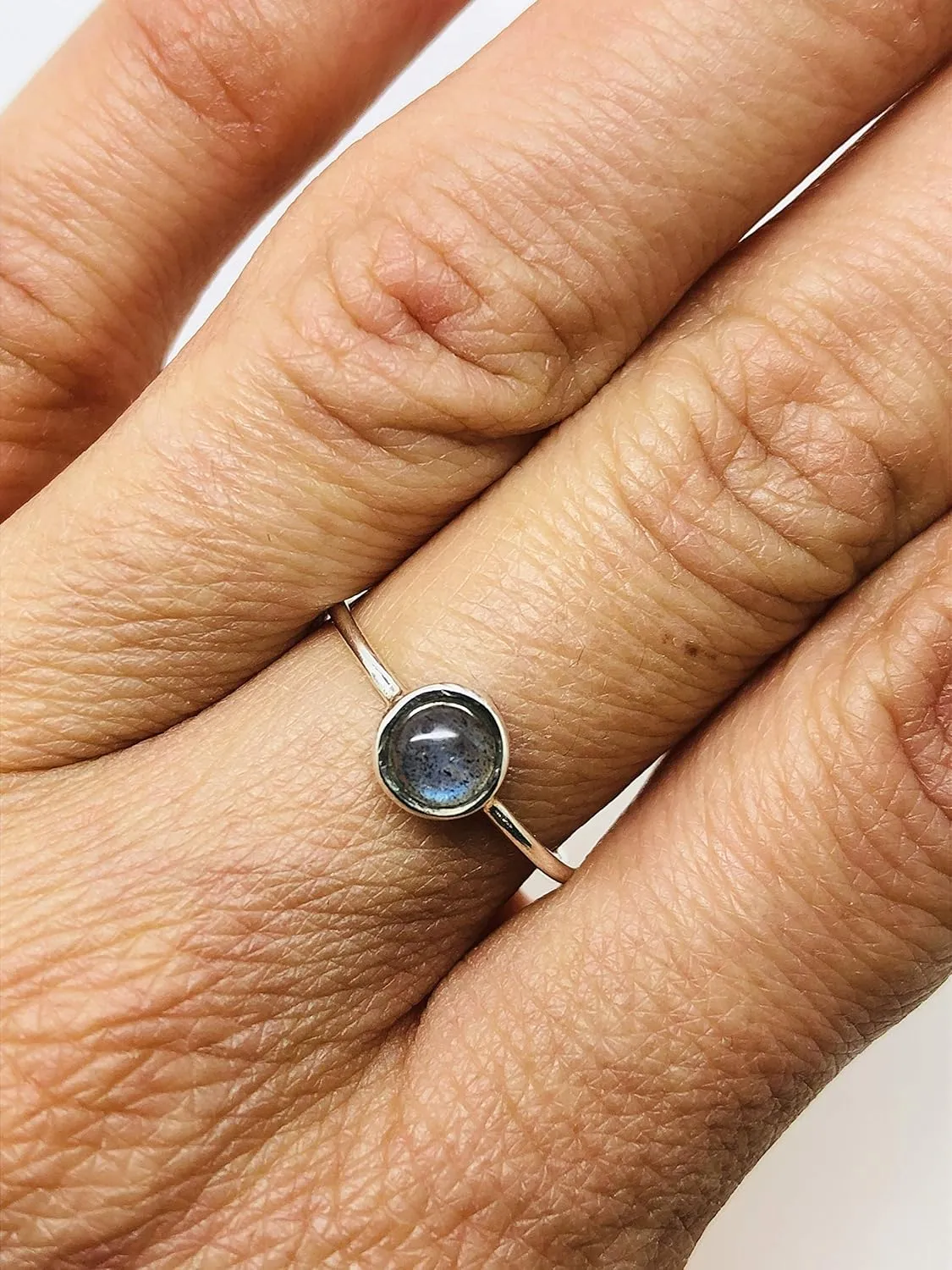 Round Labradorite 925 Sterling Silver Ring - Delicate BOHO Chic Jewelry - Fashionable and Stylish for Women with Velvet Gift Bag/Box - Made by Indian Artisans - Size 5-9