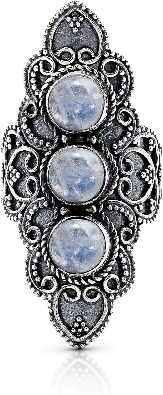 Round Moonstone 3 Stones 925 Sterling Silver Ring - Delicate BOHO Chic Jewelry - Fashionable and Stylish for Women with Velvet Gift Bag/Box - Made by Indian Artisans - Size 6-10