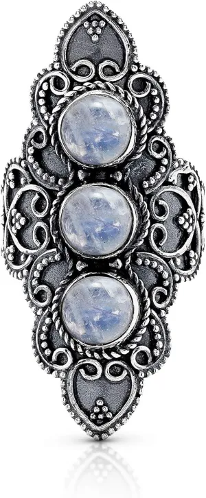Round Moonstone 3 Stones 925 Sterling Silver Ring - Delicate BOHO Chic Jewelry - Fashionable and Stylish for Women with Velvet Gift Bag/Box - Made by Indian Artisans - Size 6-10