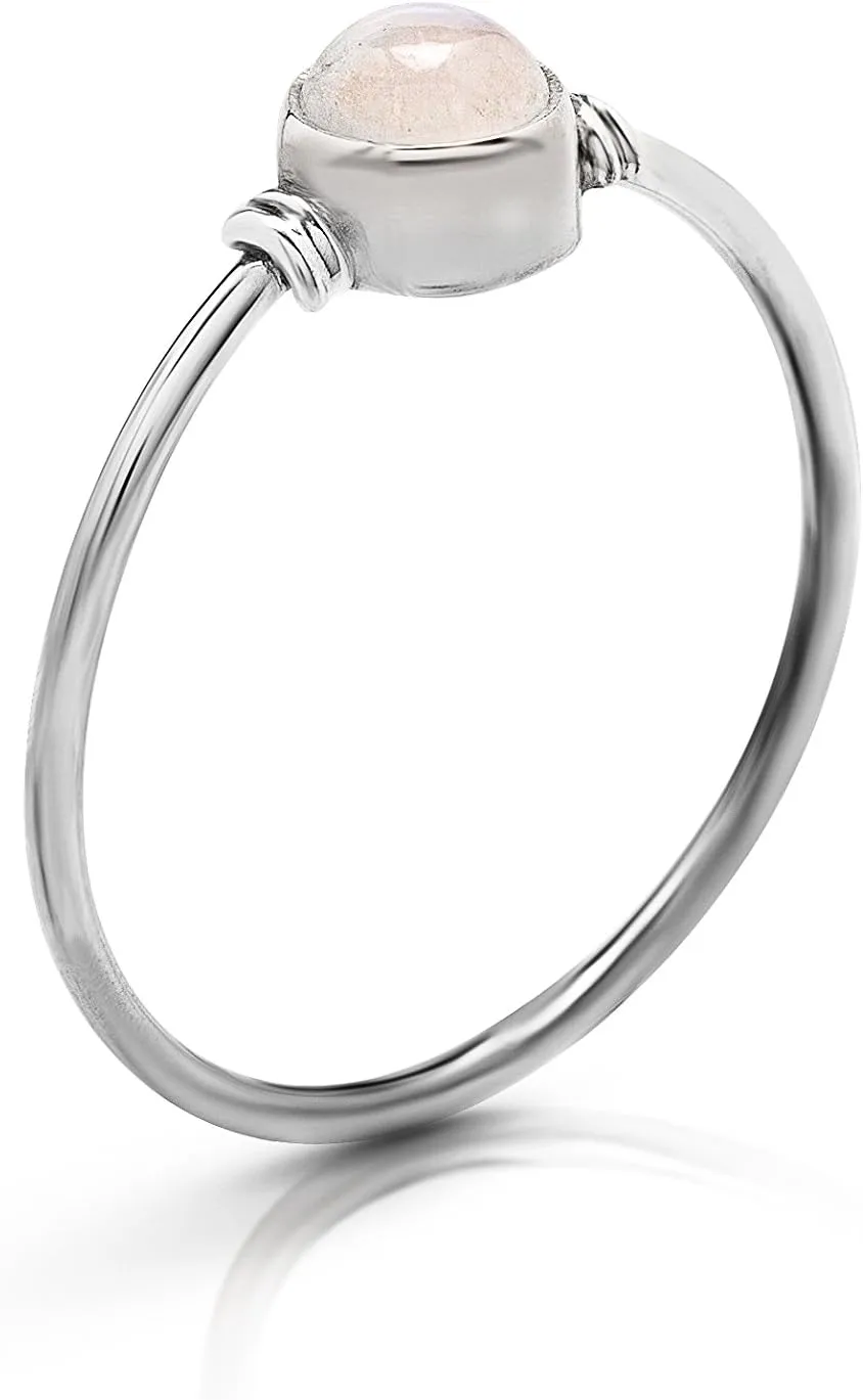 Round Moonstone 925 Sterling Silver Ring - Delicate BOHO Chic Jewelry - Fashionable and Stylish for Women with Velvet Bag/Gift Box- Made by Indian Artisans - Size 5-10