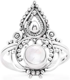 Round Moonstone 925 Sterling Silver Ring - Delicate BOHO Chic Jewelry - Fashionable and Stylish for Women with Velvet Gift Bag - Made by Indian Artisans - Size 6-9