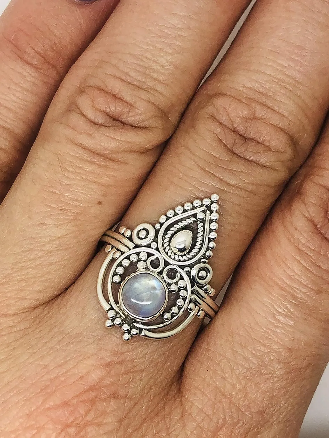 Round Moonstone 925 Sterling Silver Ring - Delicate BOHO Chic Jewelry - Fashionable and Stylish for Women with Velvet Gift Bag - Made by Indian Artisans - Size 6-9