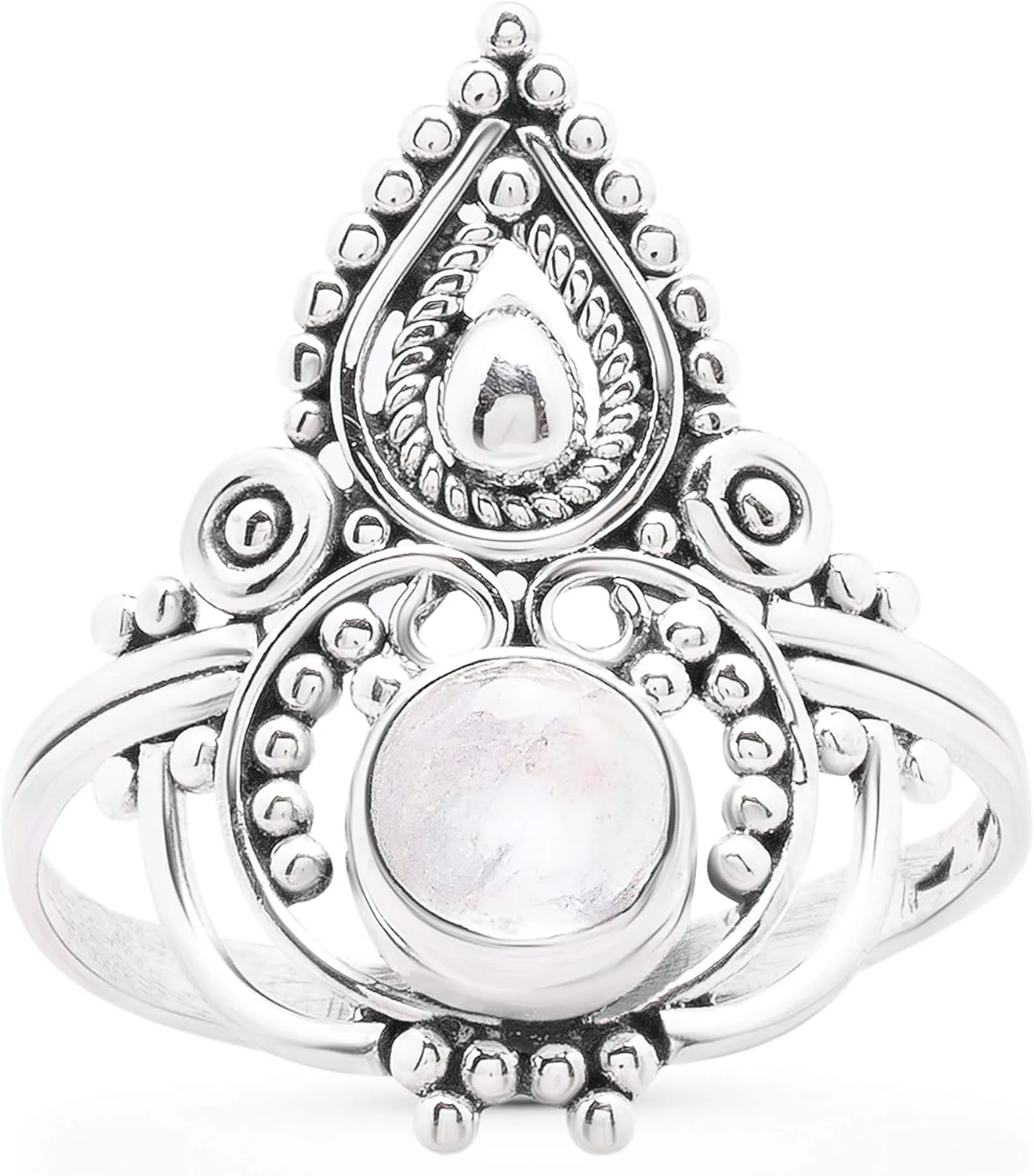 Round Moonstone 925 Sterling Silver Ring - Delicate BOHO Chic Jewelry - Fashionable and Stylish for Women with Velvet Gift Bag - Made by Indian Artisans - Size 6-9