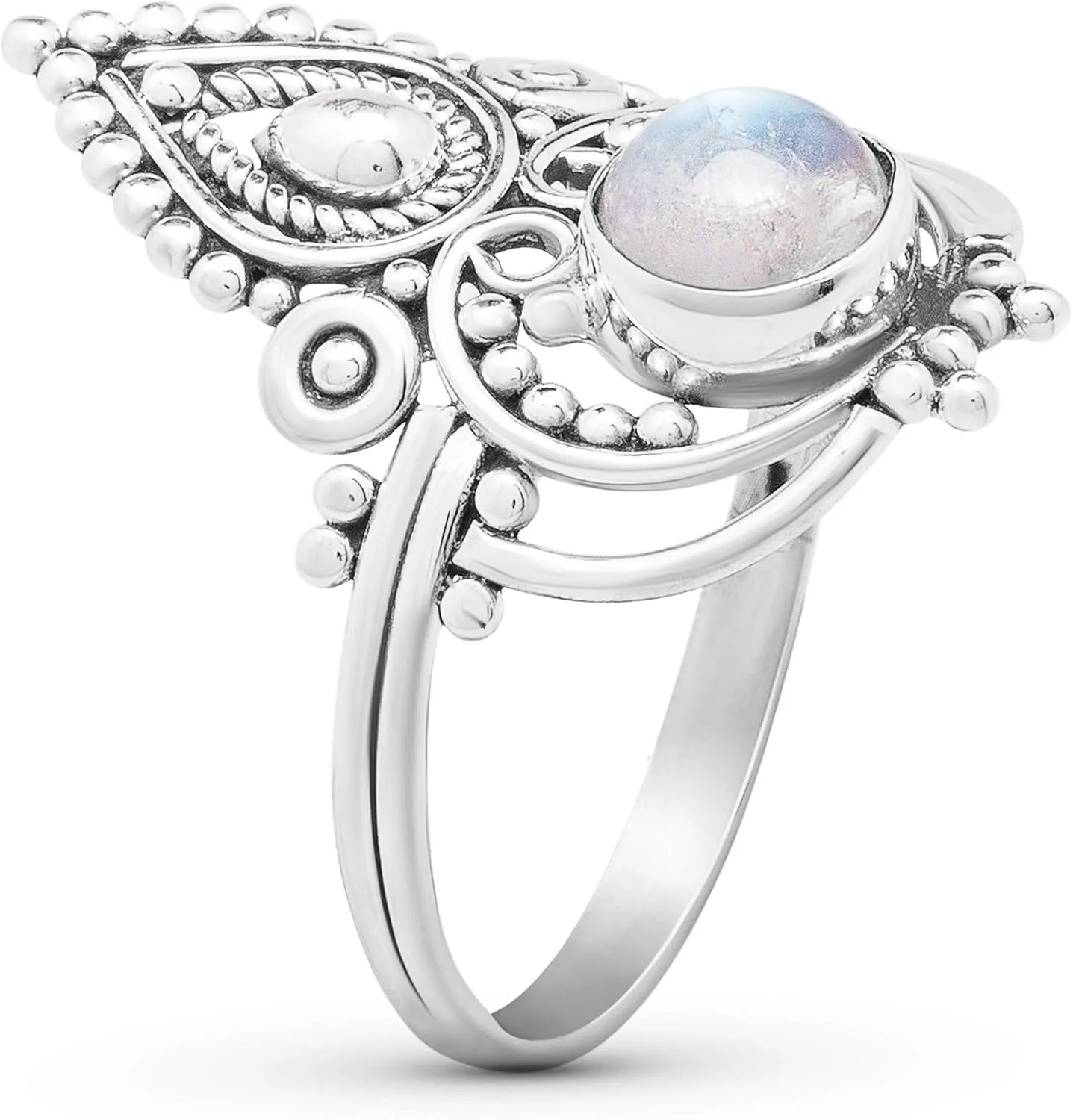 Round Moonstone 925 Sterling Silver Ring - Delicate BOHO Chic Jewelry - Fashionable and Stylish for Women with Velvet Gift Bag - Made by Indian Artisans - Size 6-9
