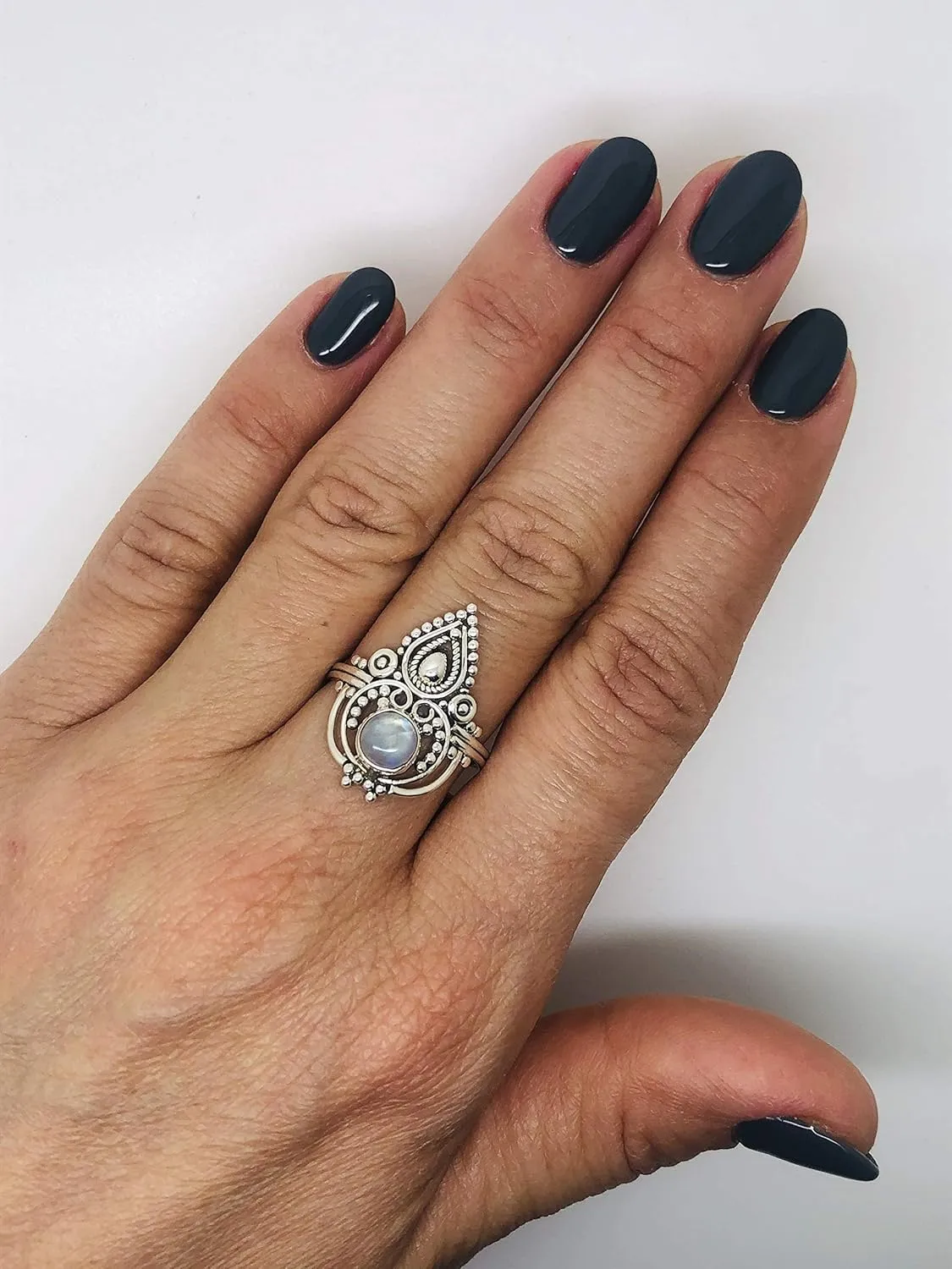 Round Moonstone 925 Sterling Silver Ring - Delicate BOHO Chic Jewelry - Fashionable and Stylish for Women with Velvet Gift Bag - Made by Indian Artisans - Size 6-9