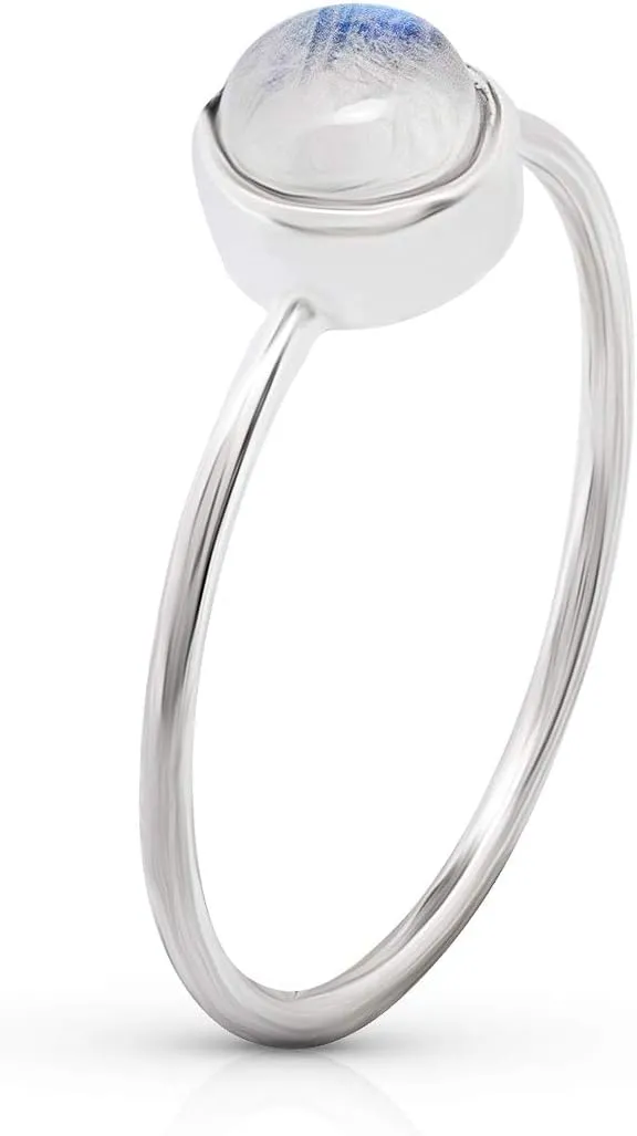 Round Moonstone 925 Sterling Silver Ring - Delicate BOHO Chic Jewelry - Fashionable and Stylish for Women with Velvet Gift Bag/Box - Made by Indian Artisans - Size 4-9