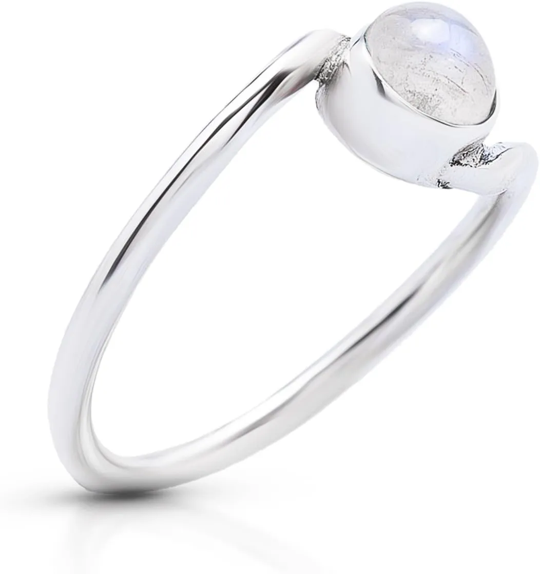 Round Moonstone -925 Sterling Silver Ring - Delicate BOHO Chic Jewelry - Fashionable and Stylish for Women with Velvet Gift Bag/Box - Made by Indian Artisans - Size 5-9