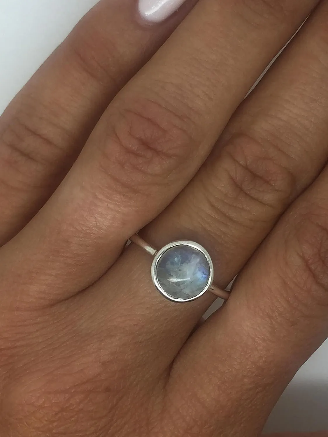 Round Moonstone 925 Sterling Silver Ring - Delicate BOHO Chic Jewelry - Fashionable and Stylish for Women with Velvet Gift Bag/Box - Made by Indian Artisans - Size 6-9
