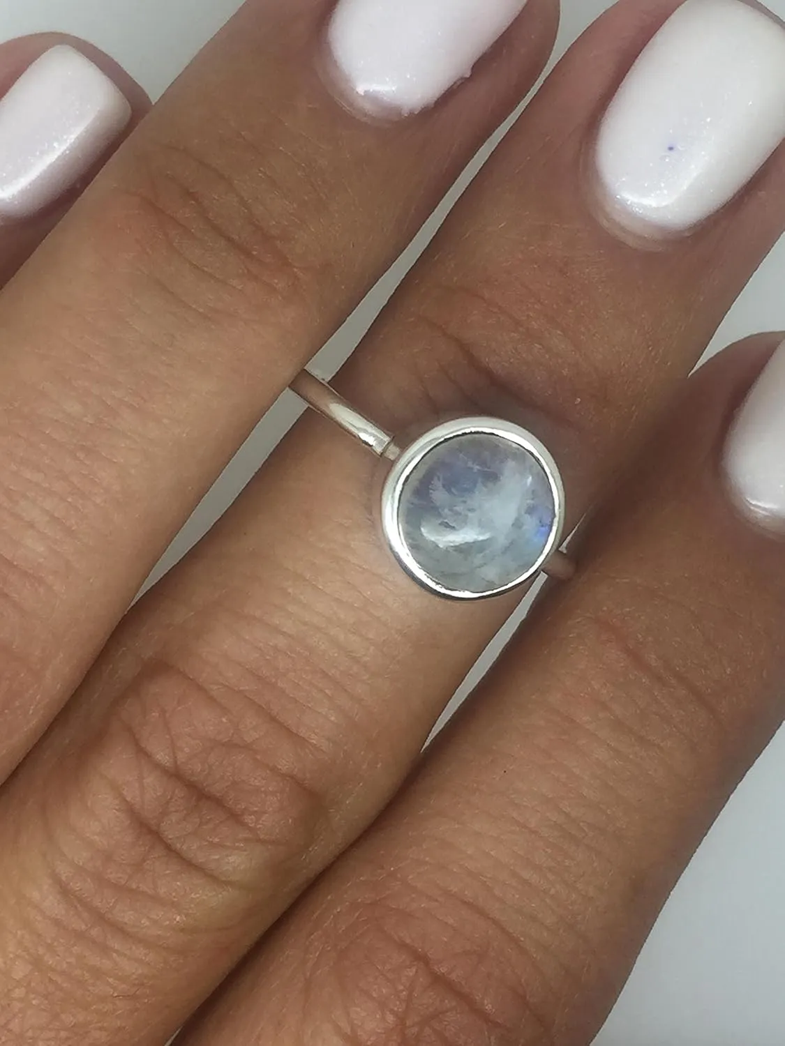 Round Moonstone 925 Sterling Silver Ring - Delicate BOHO Chic Jewelry - Fashionable and Stylish for Women with Velvet Gift Bag/Box - Made by Indian Artisans - Size 6-9