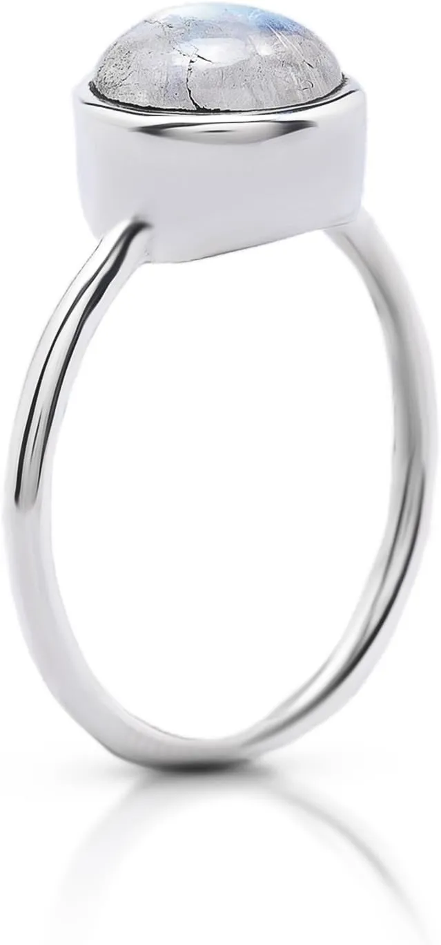 Round Moonstone 925 Sterling Silver Ring - Delicate BOHO Chic Jewelry - Fashionable and Stylish for Women with Velvet Gift Bag/Box - Made by Indian Artisans - Size 6-9