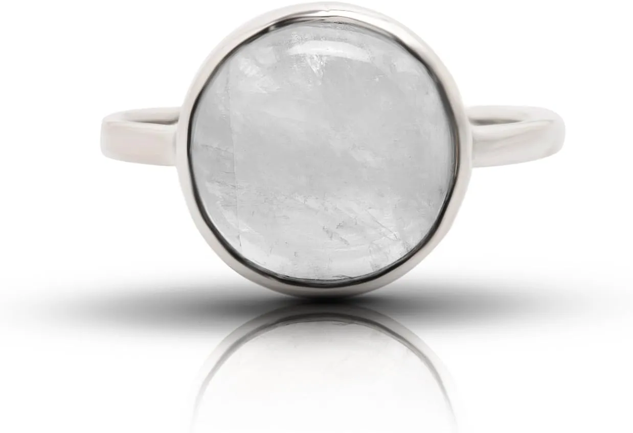 Round Moonstone 925 Sterling Silver Ring - Delicate BOHO Chic Jewelry - Fashionable and Stylish for Women with Velvet Gift Bag/Box - Made by Indian Artisans - Size 6-9