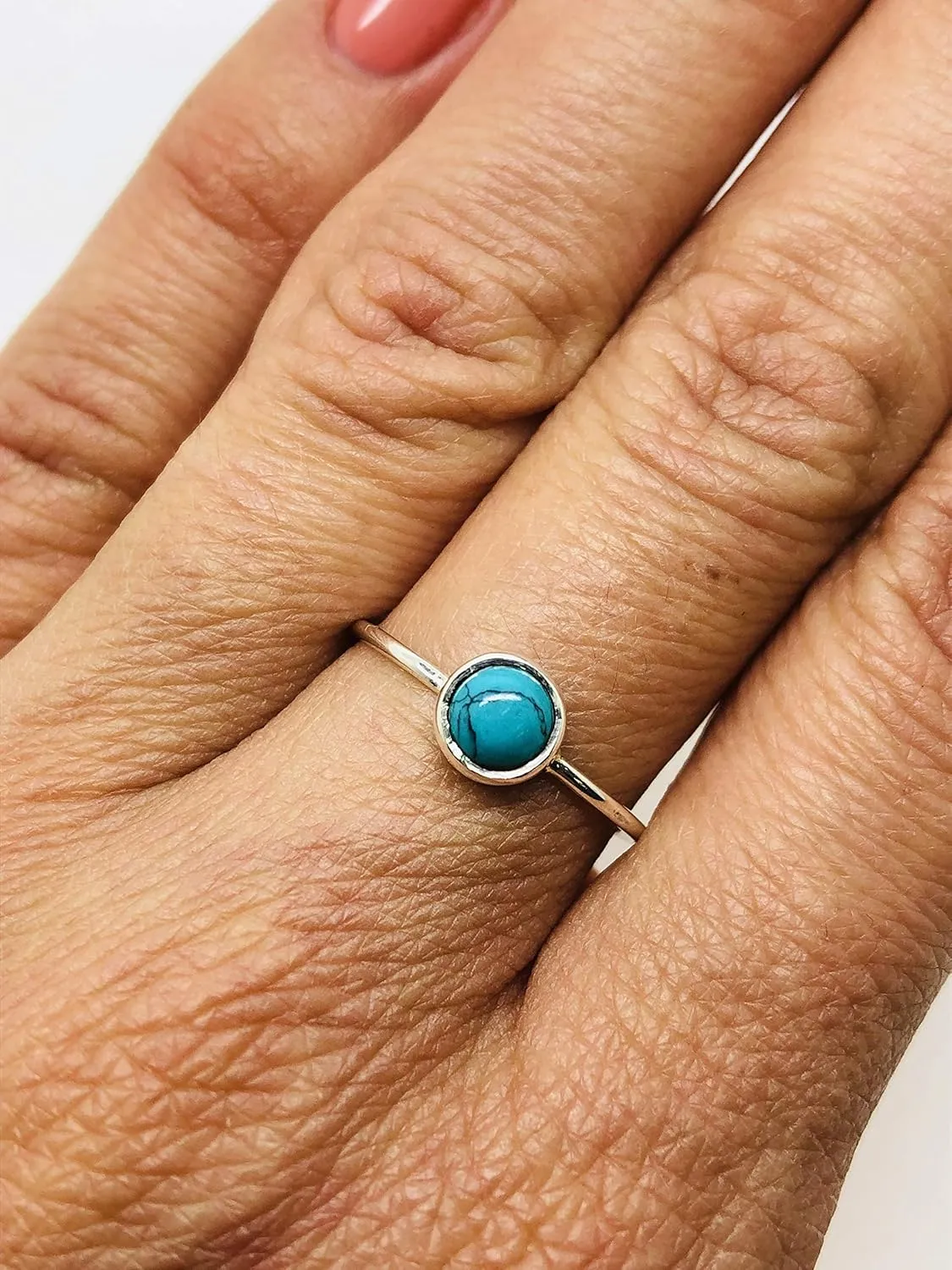 Round Synthetic Turquoise 925 Sterling Silver Ring - Delicate BOHO Chic Jewelry - Fashionable and Stylish for Women with Velvet Gift Bag/Box - Made by Indian Artisans - Size 4-9