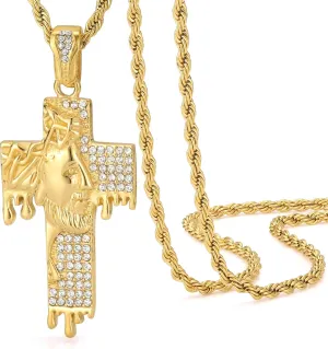 ROWIN&CO Mens Gold Iced Out Jesus Crucifix Cross Pendant Necklaces for Men & Women, Stainless Steel Christian Jewelry, with 24" Gold Chain, Includes Gift Box.
