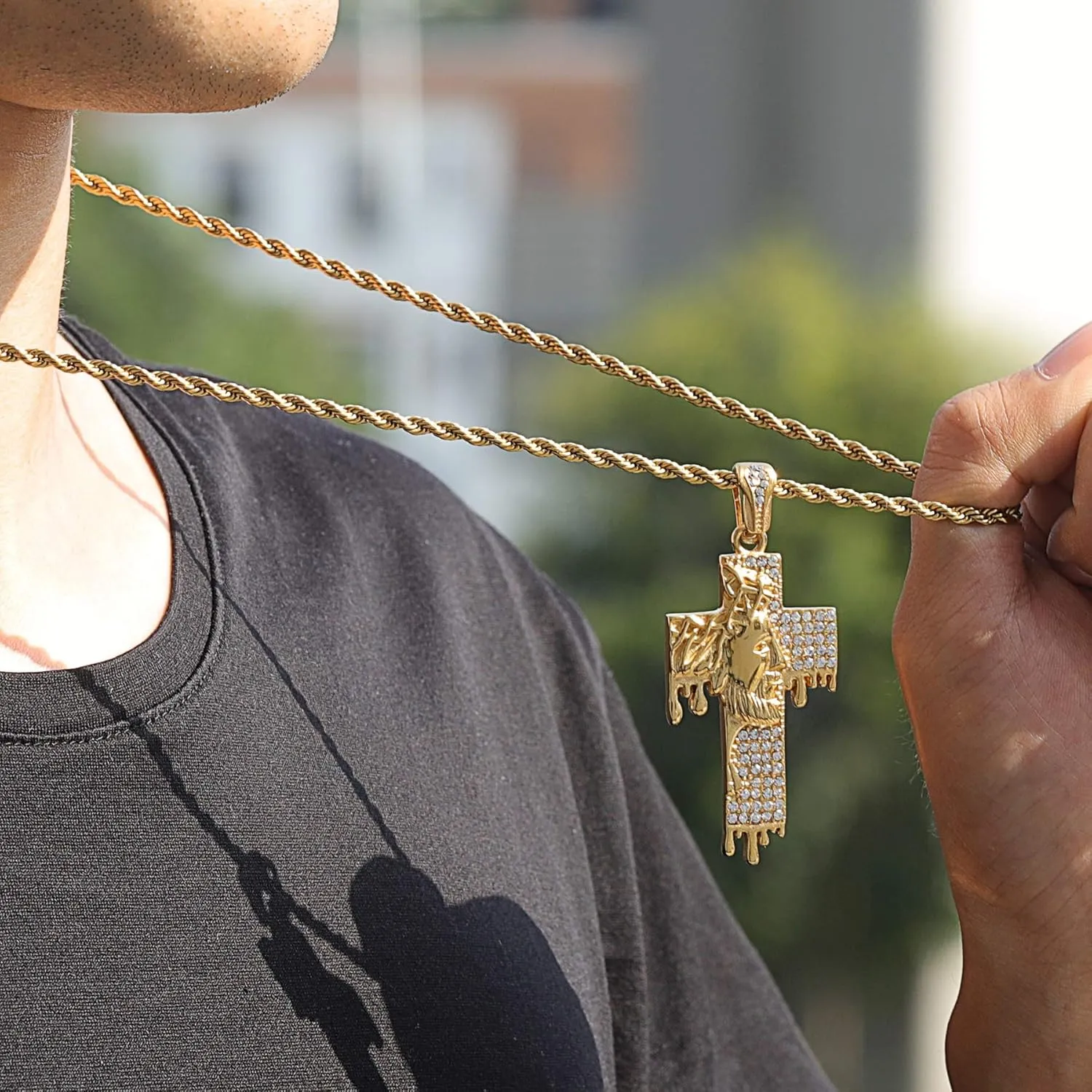 ROWIN&CO Mens Gold Iced Out Jesus Crucifix Cross Pendant Necklaces for Men & Women, Stainless Steel Christian Jewelry, with 24" Gold Chain, Includes Gift Box.