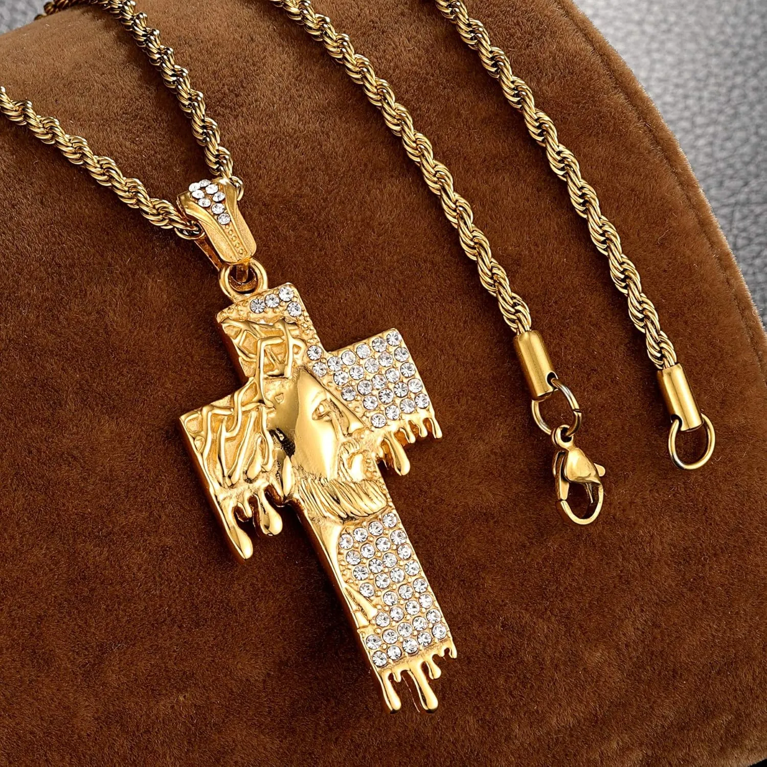 ROWIN&CO Mens Gold Iced Out Jesus Crucifix Cross Pendant Necklaces for Men & Women, Stainless Steel Christian Jewelry, with 24" Gold Chain, Includes Gift Box.