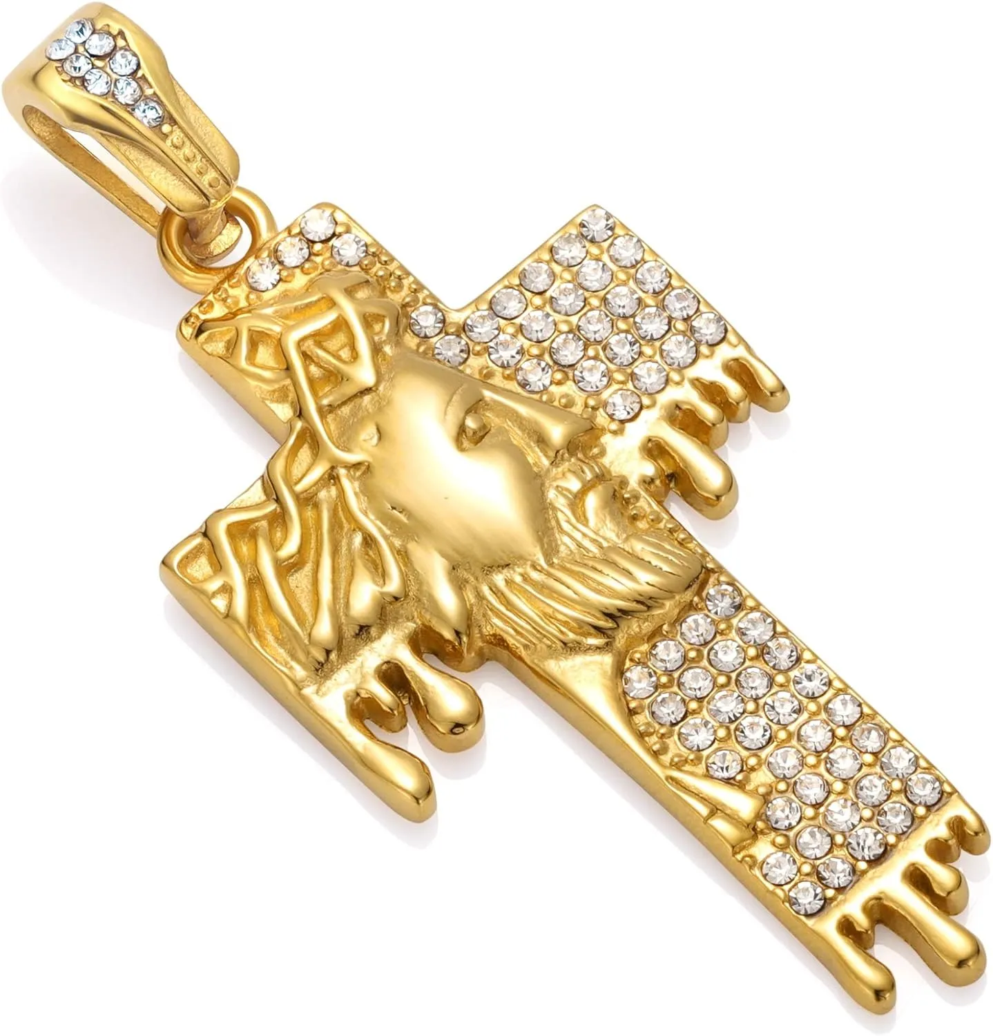 ROWIN&CO Mens Gold Iced Out Jesus Crucifix Cross Pendant Necklaces for Men & Women, Stainless Steel Christian Jewelry, with 24" Gold Chain, Includes Gift Box.