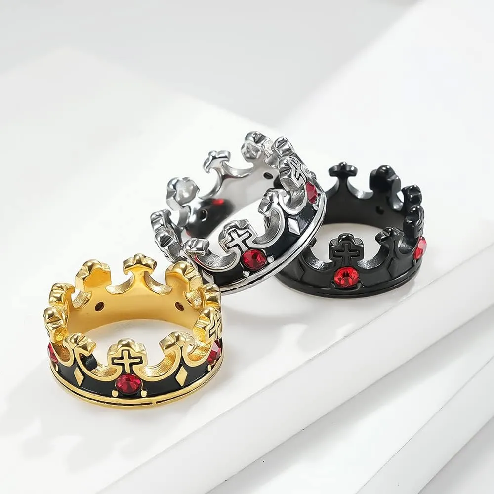 Royal King Knight Crown Ring for Men and Women Religious Cross Chunky Stainless Steel Rings Vintage Christian Rings for Boys and Gilrs Wedding Band Silver Black Gold
