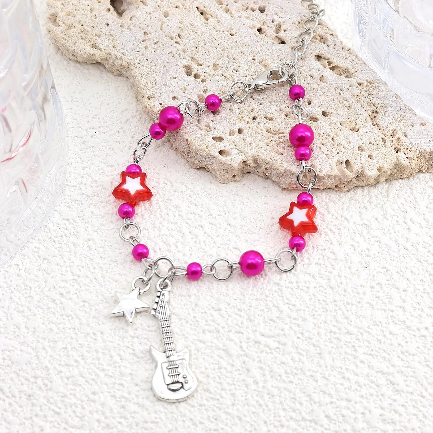 Rrdaily Anime Guitar Friendship Statement Bracelet for Women Fashion Exquisite Hollow Star Beaded Bracelet Punk Bangles for Couples Best Friends Jewelry Gifts